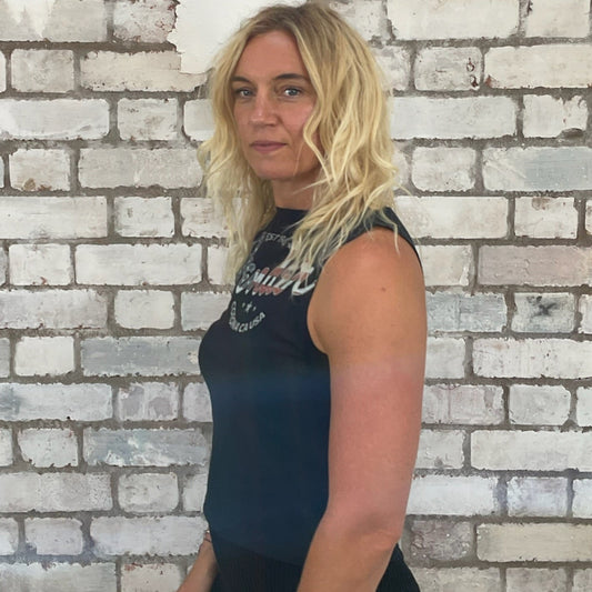 One-of-a-kind Fender Corona California graphic Slash Neck Unwantee tank top side view, upcycled, sustainable, made in Britain