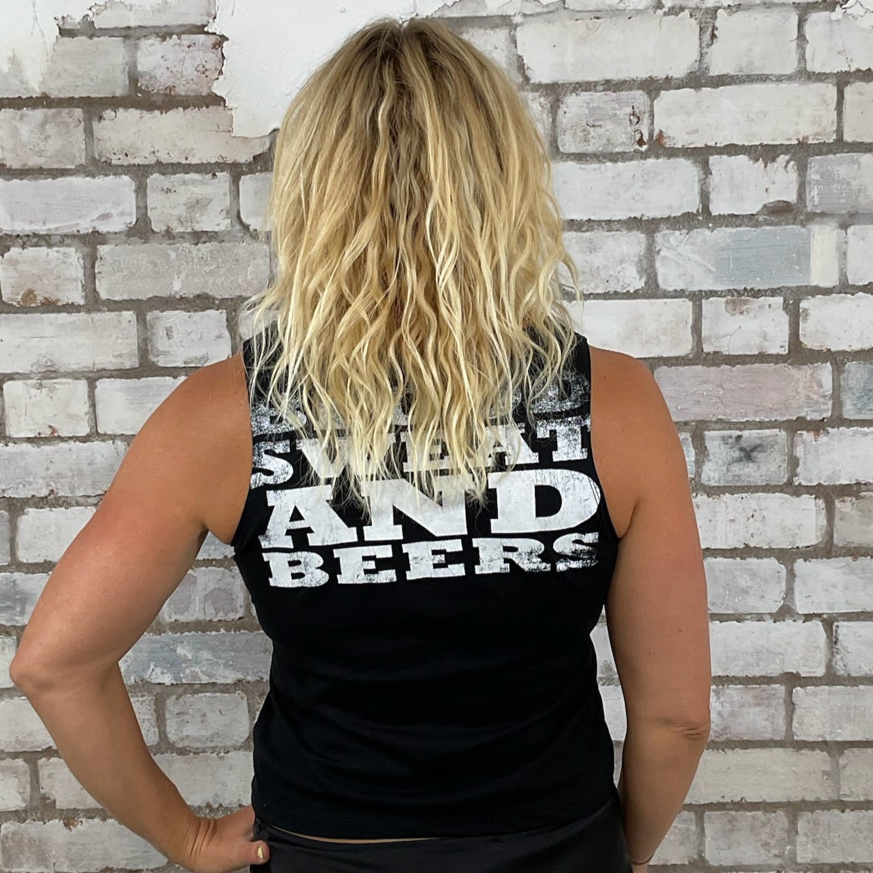 One-of-a-kind Gas Monkey Blood Sweat and Beers graphic Slash Neck Unwantee tank top back view, upcycled, sustainable, made in Britain