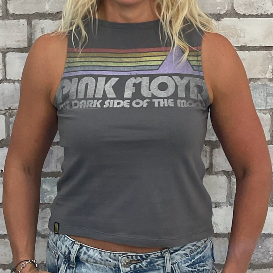 One-of-a-kind Grey Pink Floyd Dark Side of the Moon graphic Unwantee tank top close-up view, upcycled, sustainable, made in Britain
