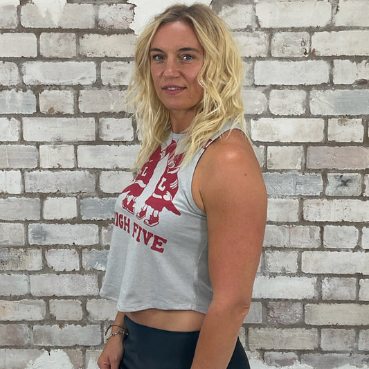 One-of-a-kind High Five University of Louisville original 80s print Racerback Unwantee tank top side view, upcycled, sustainable, made in Britain