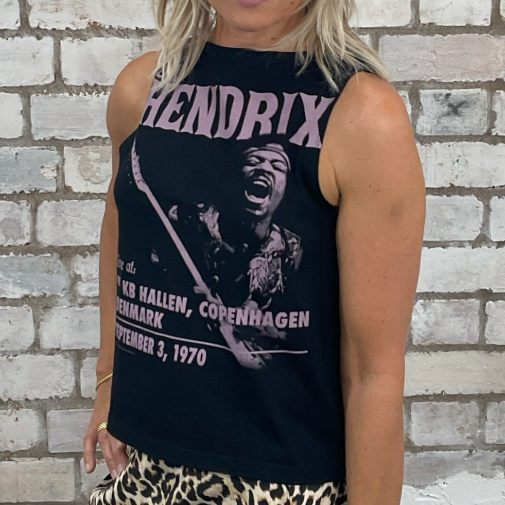 One-of-a-kind Jimi Hendrix Plays Copenhagen 1970 graphic Slash Neck Unwantee tank top close-up view, upcycled, sustainable, made in Britain