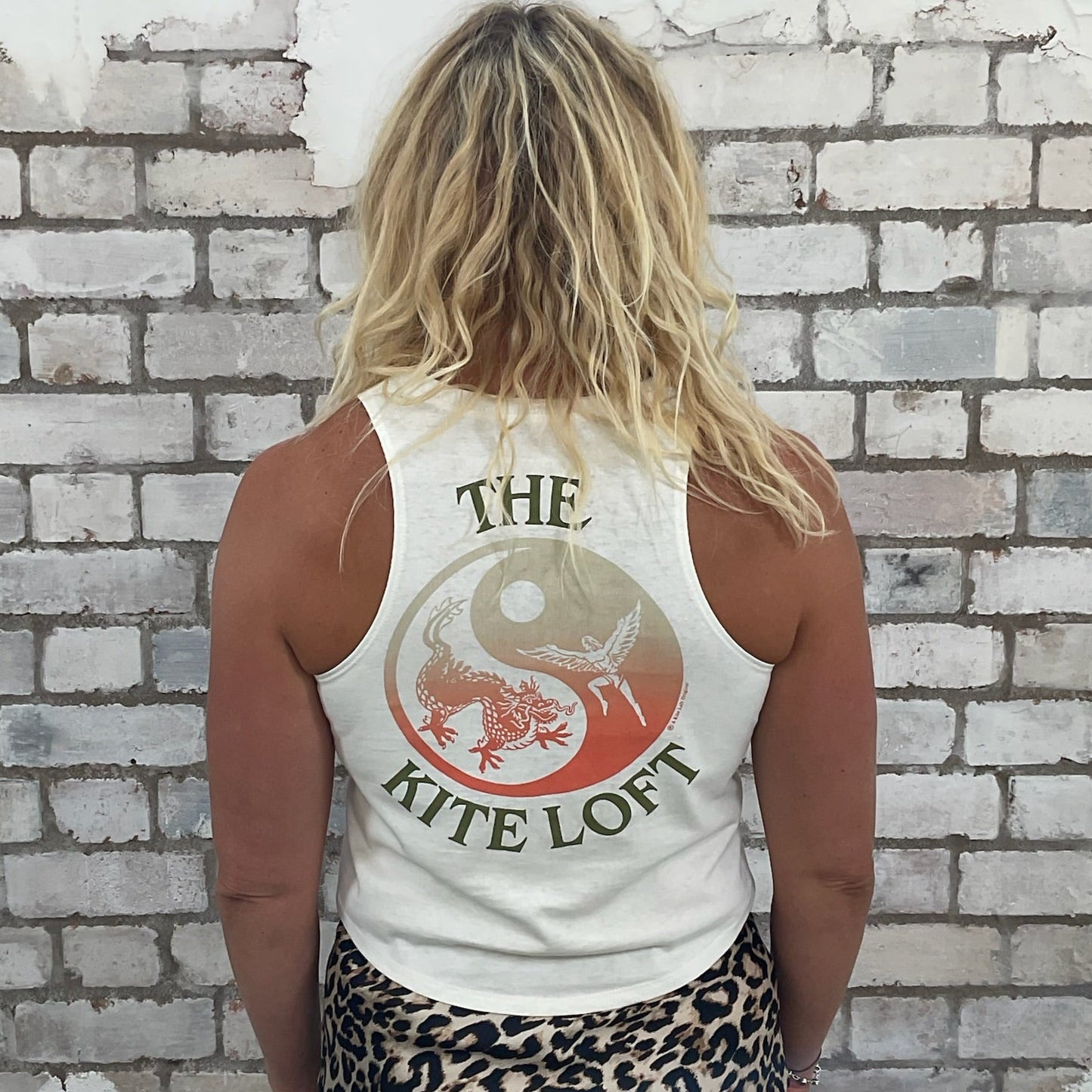 One-of-a-kind The Kite Loft graphic Racerback Unwantee tank top back view, upcycled, sustainable, made in Britain