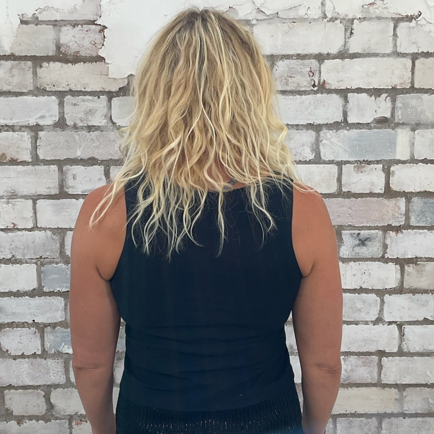 One-of-a-kind Let's Watch Scary Movies graphic Slash Neck Unwantee tank top back view, upcycled, sustainable, made in Britain