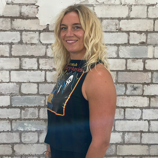 One-of-a-kind Let's Watch Scary Movies graphic Slash Neck Unwantee tank top side view, upcycled, sustainable, made in Britain