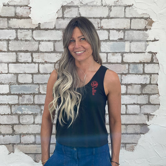 One-of-a-kind Mid America AKSF graphic Scoop Neck Unwantee tank top front view, upcycled, sustainable, made in Britain