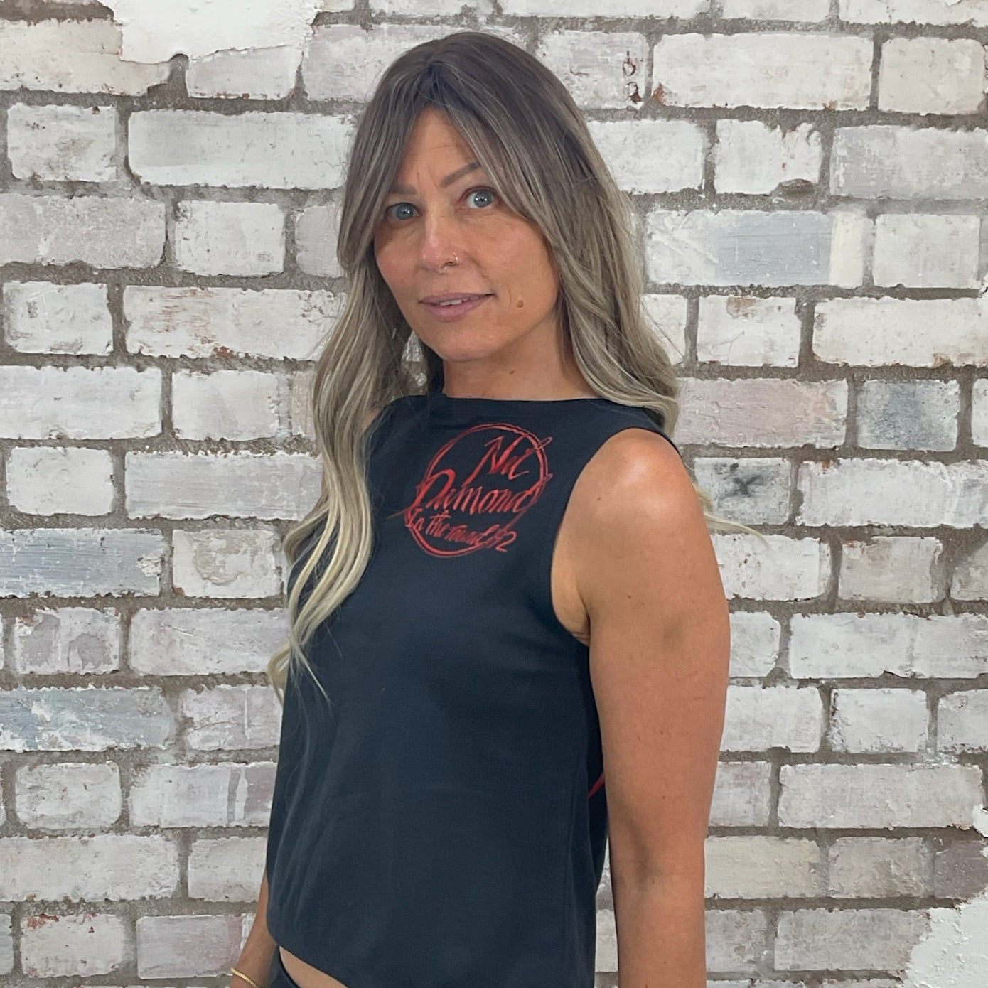 One-of-a-kind Neil Diamond In the Round Tour graphic Slash Neck Unwantee tank top side view, upcycled, sustainable, made in Britain