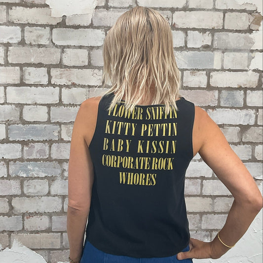 One-of-a-kind Nirvana Acid Face Yellow Print graphic Slash Neck Unwantee tank top back view, upcycled, sustainable, made in Britain