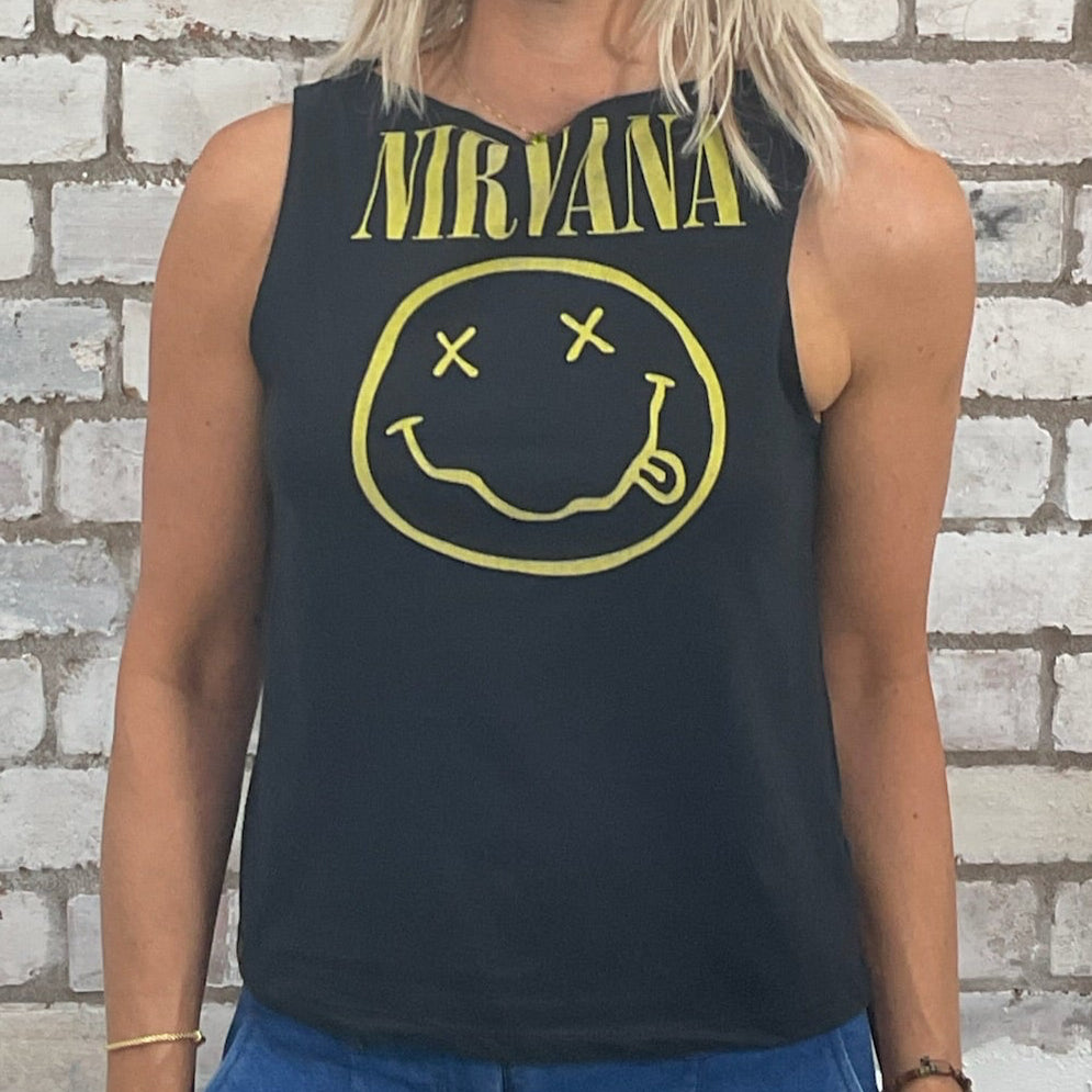 One-of-a-kind Nirvana Acid Face Yellow Print graphic Slash Neck Unwantee tank top close-up view, upcycled, sustainable, made in Britain
