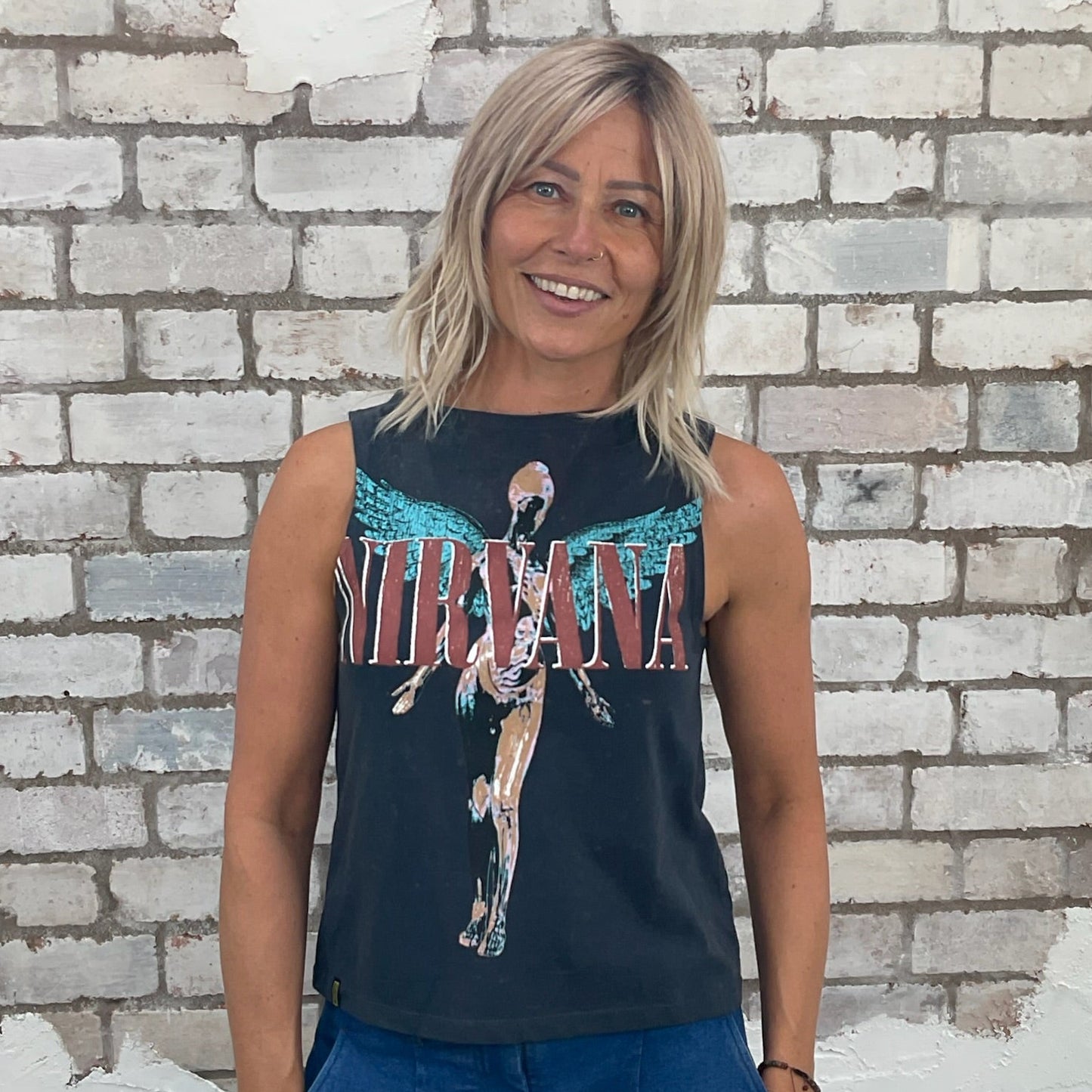 One-of-a-kind Nirvana In Utero classic album print Slash Neck Unwantee tank top front view, upcycled, sustainable, made in Britain