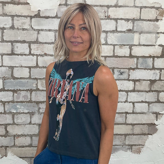 One-of-a-kind Nirvana In Utero classic album print Slash Neck Unwantee tank top side view, upcycled, sustainable, made in Britain