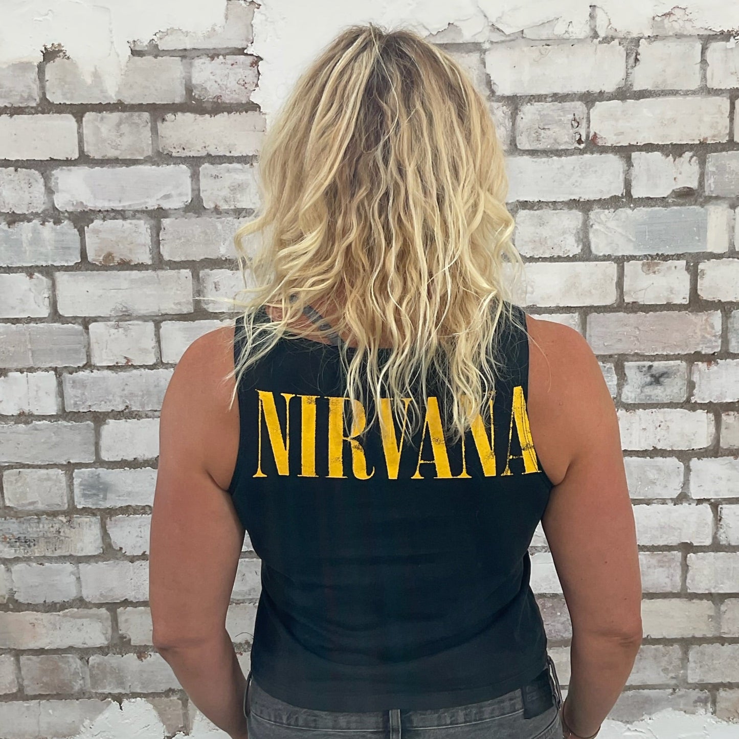 One-of-a-kind Nirvana Acid Face Yellow Print graphic Slash Neck Unwantee tank top back view, upcycled, sustainable, made in Britain