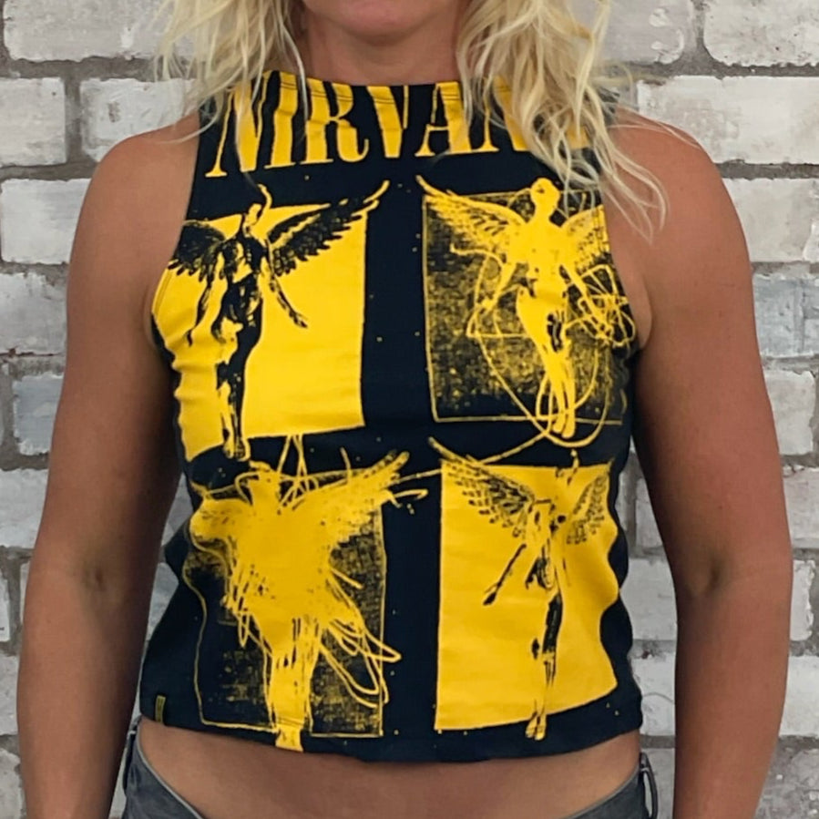 One-of-a-kind Nirvana Acid Face Yellow Print graphic Slash Neck Unwantee tank top close-up view, upcycled, sustainable, made in Britain