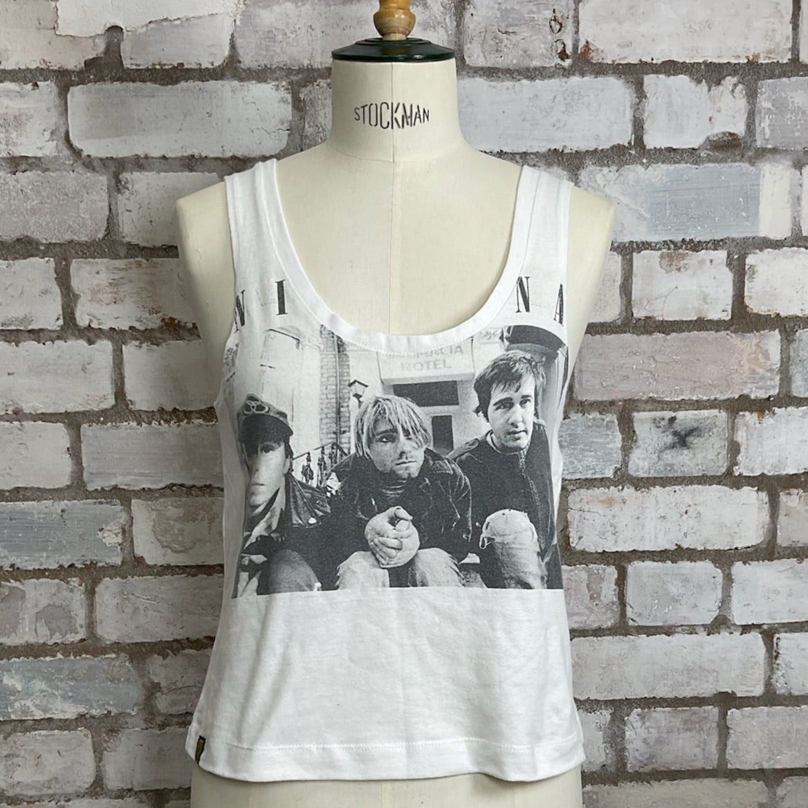 One-of-a-kind Nirvana young band photo graphic Scoop Neck Unwantee tank top front view, upcycled, sustainable, made in Britainunwanteestyle