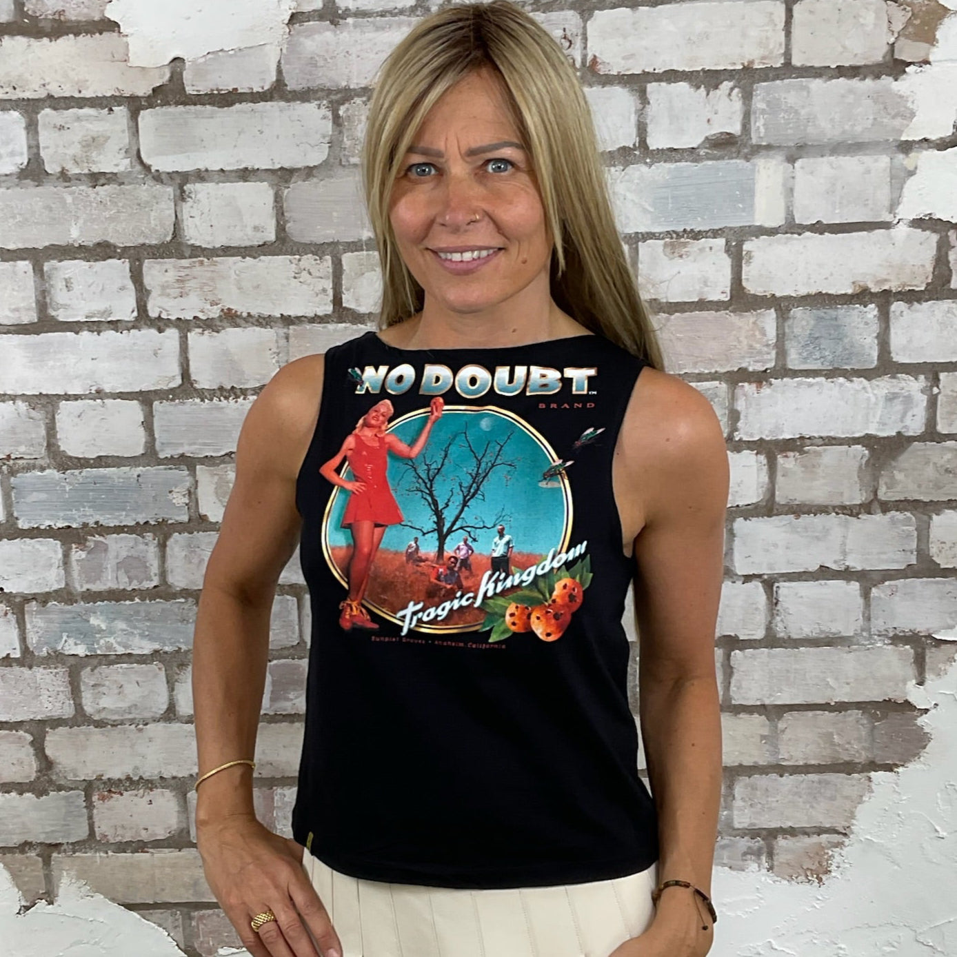 One-of-a-kind No Doubt Gwen Stefani graphic Slash Neck Unwantee tank top front view, upcycled, sustainable, made in Britain