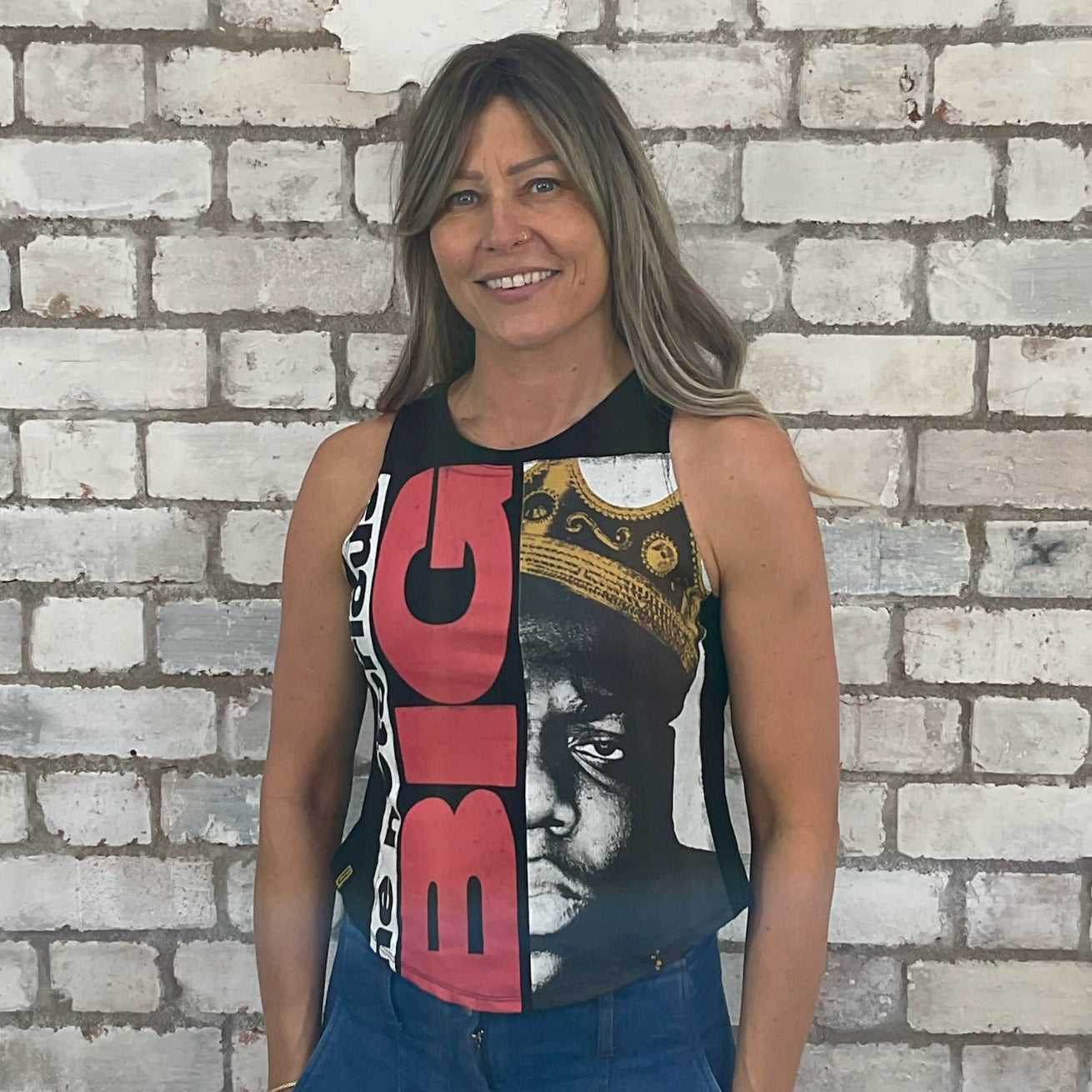 One-of-a-kind Notorious B.I.G. graphic Racerback Unwantee tank top front view, upcycled, sustainable, made in Britain