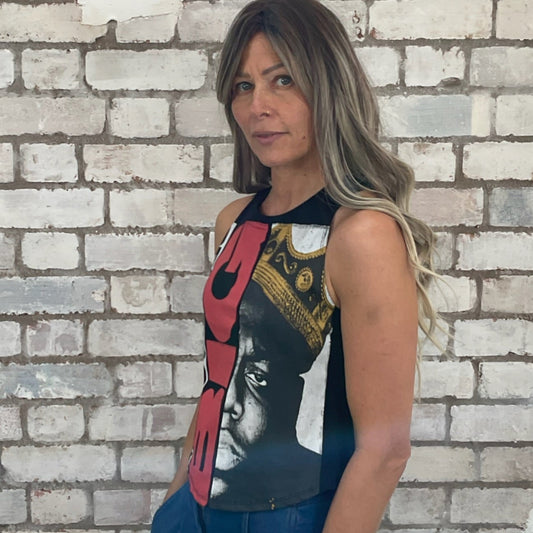One-of-a-kind Notorious B.I.G. graphic Racerback Unwantee tank top side view, upcycled, sustainable, made in Britain