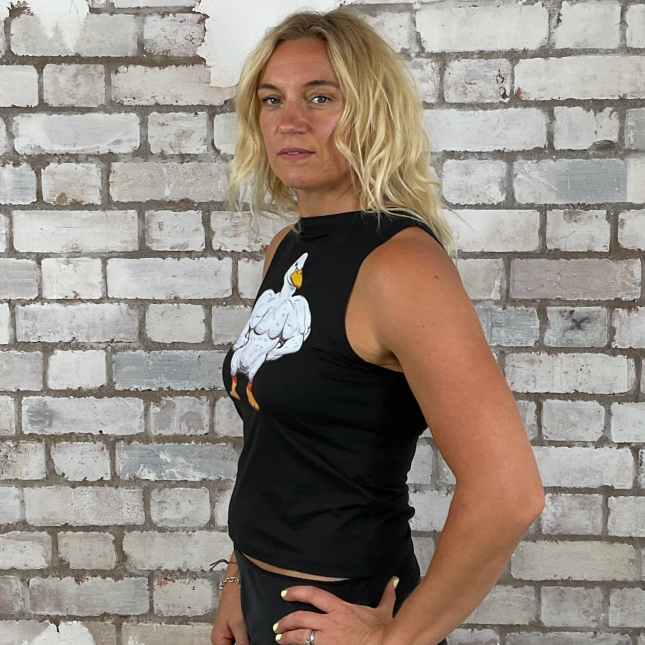 One-of-a-kind One Tough Duck graphic Slash Neck Unwantee tank top side view, upcycled, sustainable, made in Britain