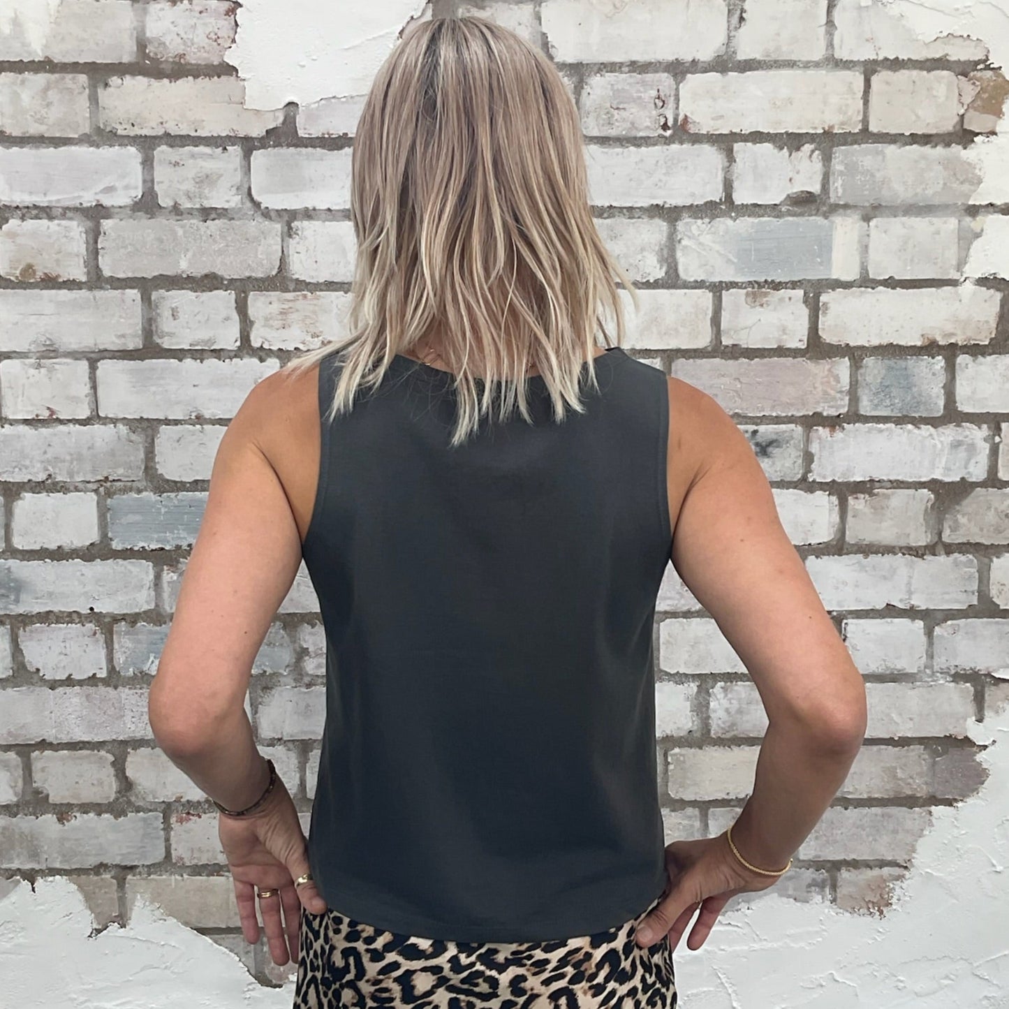 One-of-a-kind Paul Weller graphic Slash Neck Unwantee tank top back view, upcycled, sustainable, made in Britain