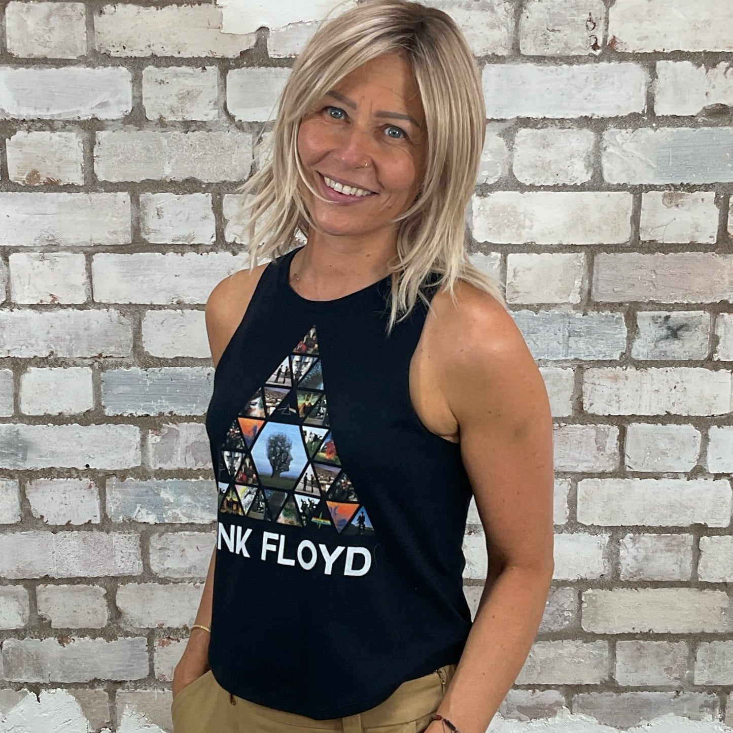 One-of-a-kind Pink Floyd Triangle graphic Racerback Unwantee tank top close-up view, upcycled, sustainable, made in Britain
