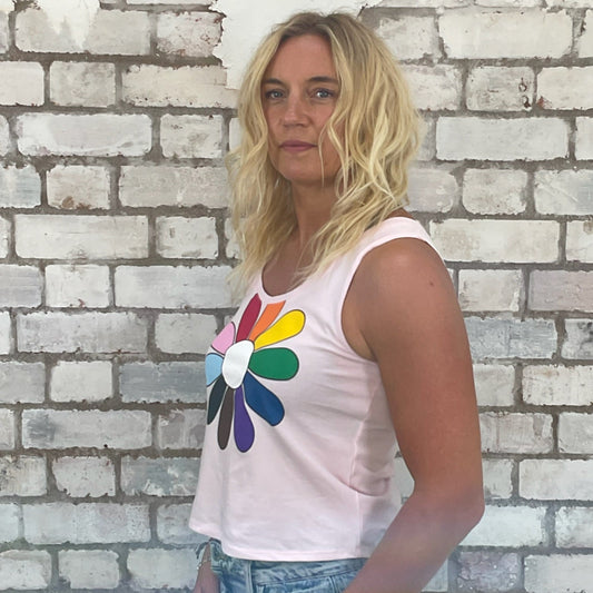 One-of-a-kind Rainbow Flower graphic Scoop Neck Unwantee tank top side view, upcycled, sustainable, made in Britain