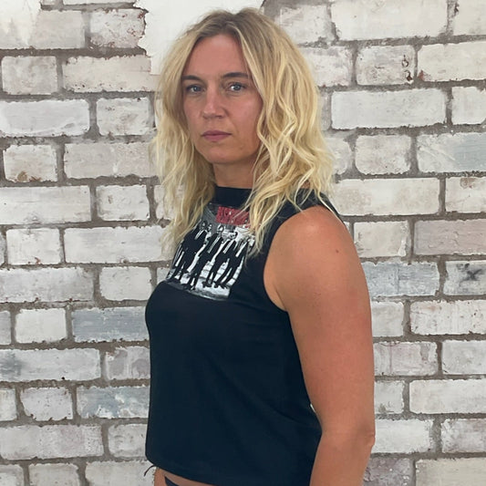 One-of-a-kind Reservoir Dogs classic film graphic Slash Neck Unwantee tank top side view, upcycled, sustainable, made in Britain