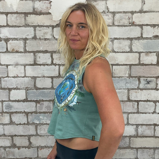 One-of-a-kind The Rhythm of the Earth original 80s illustration graphic Racerback Unwantee tank top side view, upcycled, sustainable, made in Britain