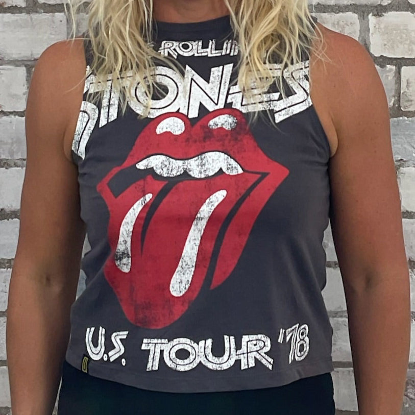 One-of-a-kind Rolling Stones Tour '78 graphic Slash Neck Unwantee tank top close-up view, upcycled, sustainable, made in Britain