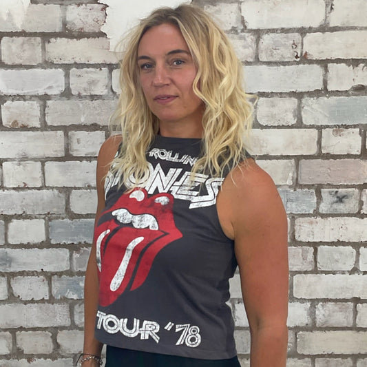 One-of-a-kind Rolling Stones Tour '78 graphic Slash Neck Unwantee tank top side view, upcycled, sustainable, made in Britain