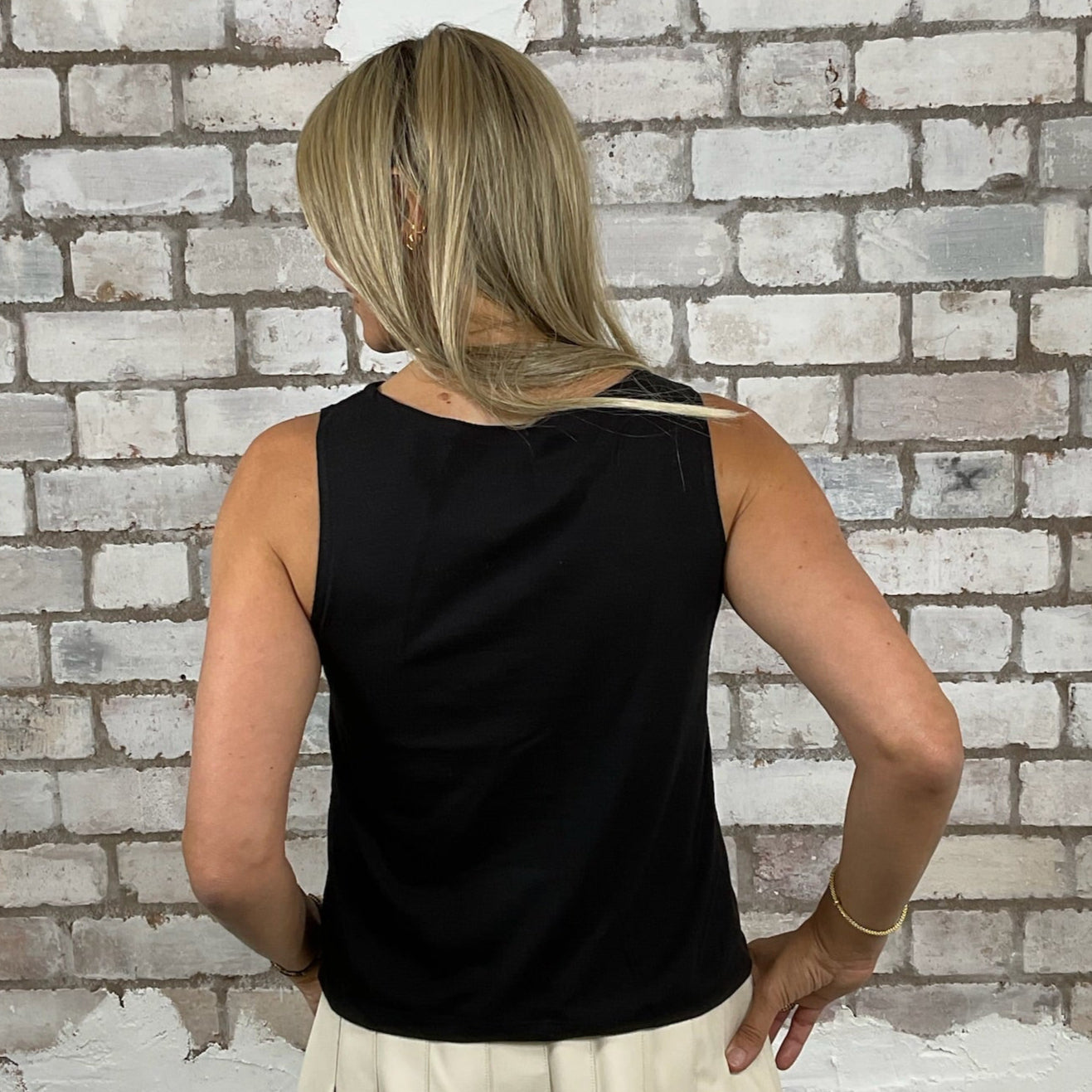 One-of-a-kind Rolling Stones classic red lips graphic Slash Neck Unwantee tank top back view, upcycled, sustainable, made in Britain