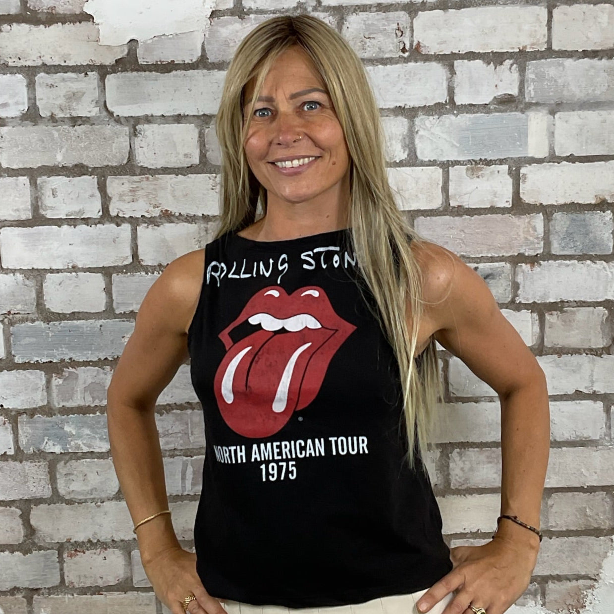 One-of-a-kind Rolling Stones classic red lips graphic Slash Neck Unwantee tank top front view, upcycled, sustainable, made in Britain