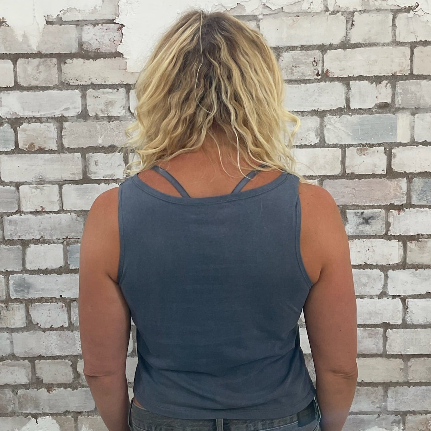 One-of-a-kind Rolling Stones Some Girls graphic Slash Neck Unwantee tank top back view, upcycled, sustainable, made in Britain