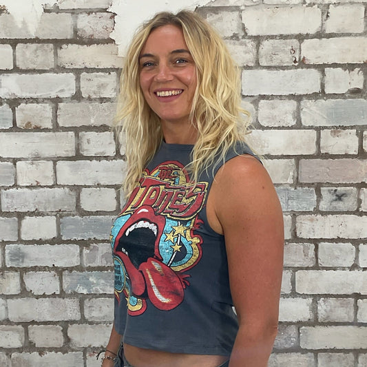 One-of-a-kind Rolling Stones Some Girls graphic Slash Neck Unwantee tank top side view, upcycled, sustainable, made in Britain