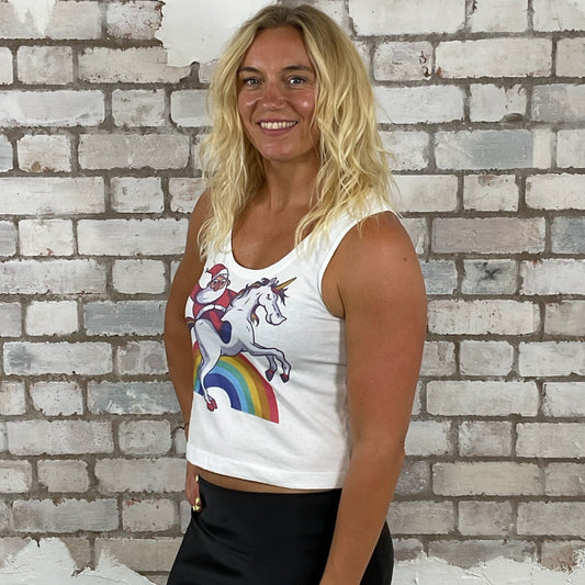 One-of-a-kind Santa riding a unicorn Christmas graphic Scoop Neck Unwantee tank top side view, upcycled, sustainable, made in Britain