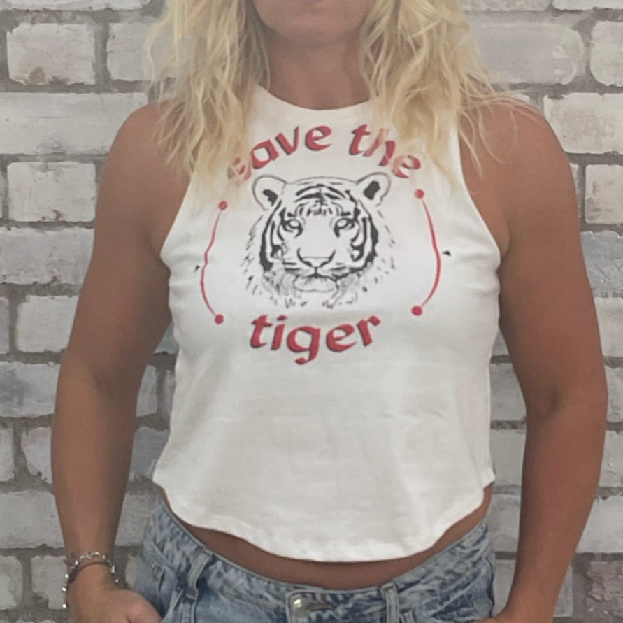 One-of-a-kind Save the Tiger World Wildlife Fund graphic Racerback Unwantee tank top close-up view, upcycled, sustainable, made in Britain
