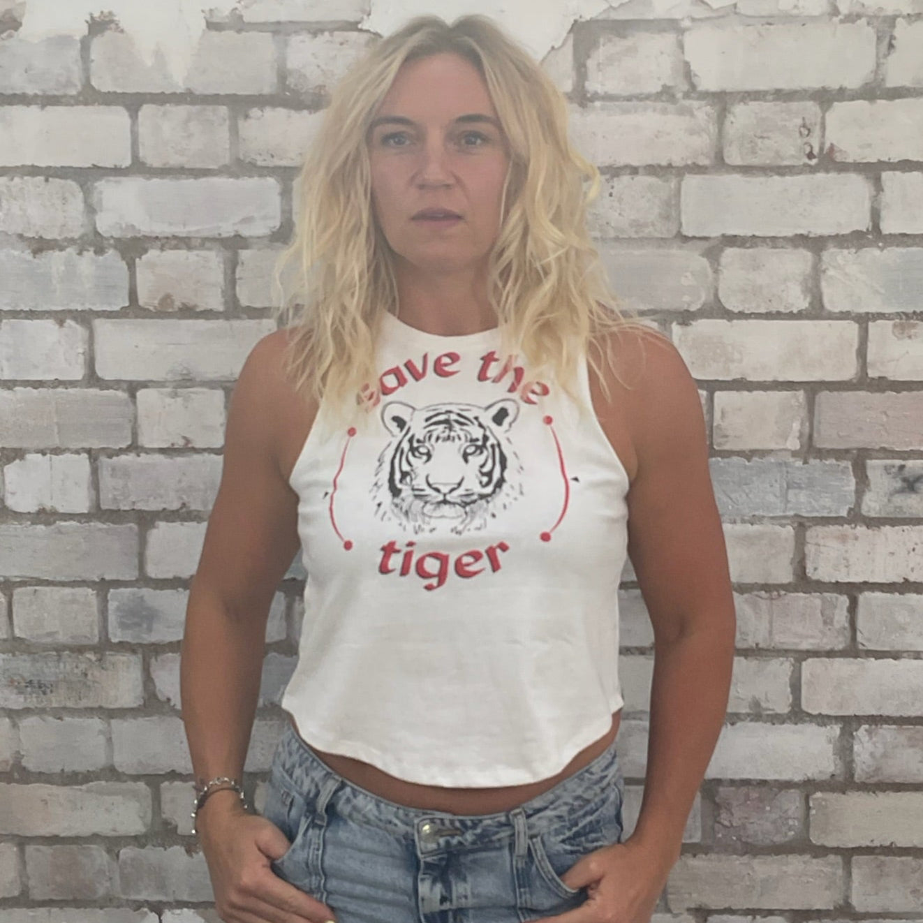 One-of-a-kind Save the Tiger World Wildlife Fund graphic Racerback Unwantee tank top front view, upcycled, sustainable, made in Britain