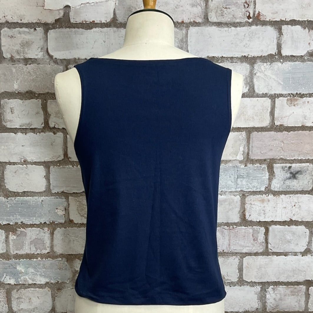 One-of-a-kind Stereo System 1980s style graphic Slash Neck Unwantee tank top back view, upcycled, sustainable, made in Britain