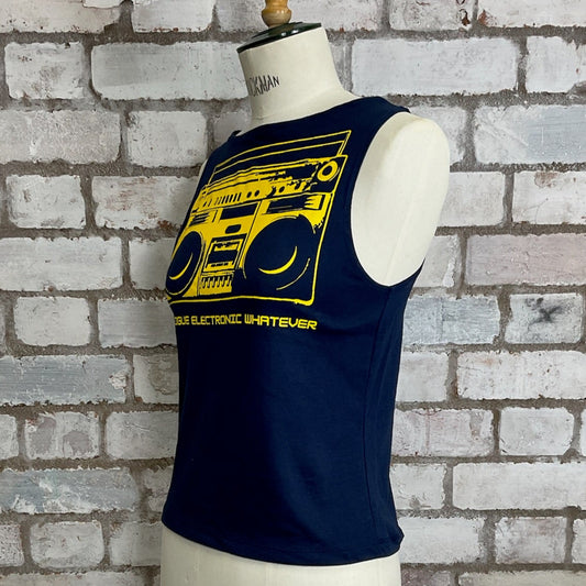 One-of-a-kind Stereo System 1980s style graphic Slash Neck Unwantee tank top side view, upcycled, sustainable, made in Britain