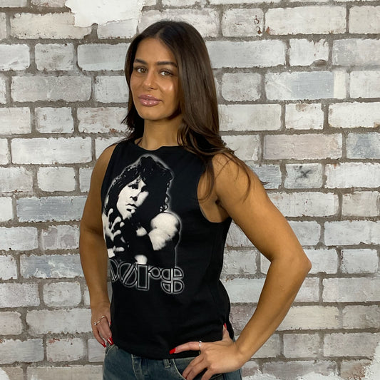 One-of-a-kind The Doors graphic Slash Neck Unwantee tank top side view, upcycled, sustainable, made in Britain