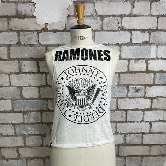 One-of-a-kind The Ramones graphic Slash Neck Unwantee tank top front view, upcycled, sustainable, made in Britain