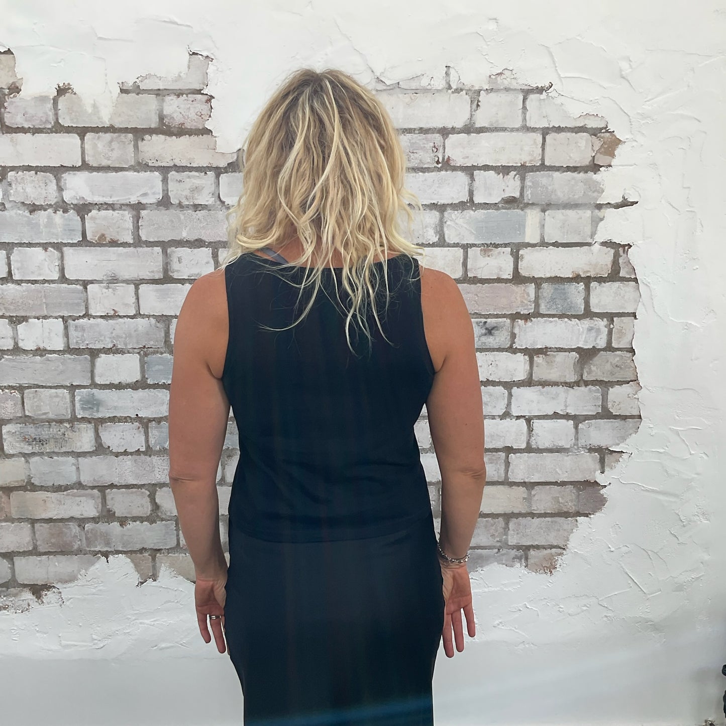 One-of-a-kind Tina Turner classic 1980s printed graphic Slash Neck Unwantee tank top back view, upcycled, sustainable, made in Britain