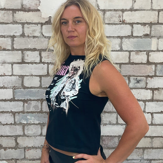 One-of-a-kind Tina Turner classic 1980s printed graphic Slash Neck Unwantee tank top side view, upcycled, sustainable, made in Britain