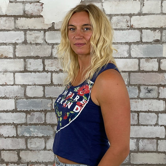 One-of-a-kind Vampire Weekend blue graphic Scoop Neck Unwantee tank top side view, upcycled, sustainable, made in Britain