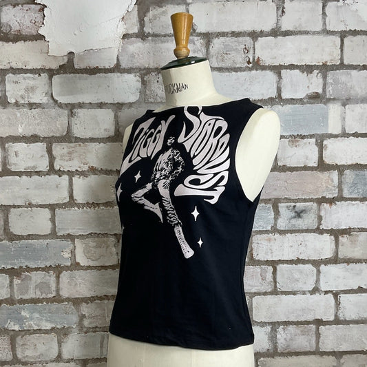One-of-a-kind Ziggy Stardust David Bowie graphic Slash Neck Unwantee tank top side view, upcycled, sustainable, made in Britain