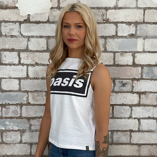 Oasis Music graphic graphic tshirt upcycled by Unwantees recycled tshirt otherwise destined for landfill.  Graphic tshirt recycled into sleeveless vest top, sustainable upcycled fashion, British recycled grunge brand, slow fashion, Punk Rock music style graphic tshirt upcycled by Unwantees, Slash neck tank top, upcycled in the UK by unwantees. Sustainable upcycled fashion