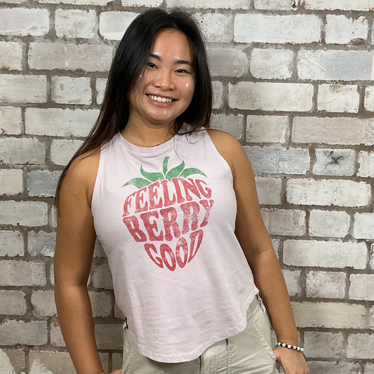 'Feeling Berry Good' graphic tshirt.  Baby pink graphic tshirt upcycled by unwantees, tank top upcycled by unwantees, atleisurewear recycled clothing, sustainable clothing brand