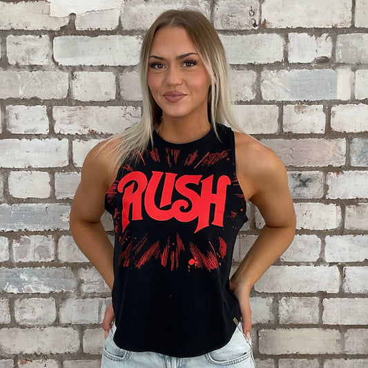Graphic tshirt Rush band upcycled by Unwantees recycled tshirt otherwise destined for landfill.  Graphic tshirt recycled into sleeveless vest top, sustainable upcycled fashion, British recycled grunge brand, slow fashion, Punk Rock music style graphic tshirt upcycled by Unwantees, Racerback tank top, upcycled in the UK by unwantees. Sustainable upcycled fashion
