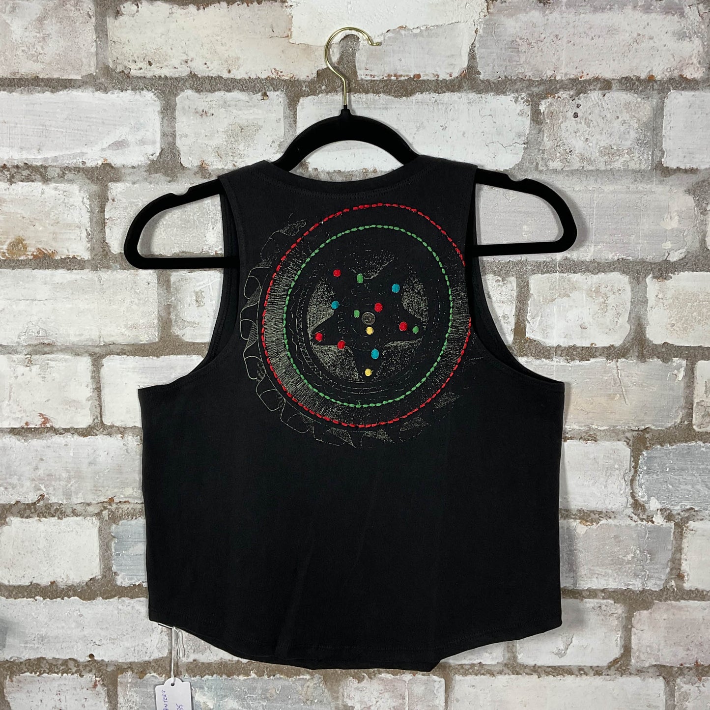 Back View of Tuk Tuk Embroidered Print Racerback Unwantee Tank Top upcycled by Unwantees, sustainable fashion made in great Britain from vintage graphic tshirt 