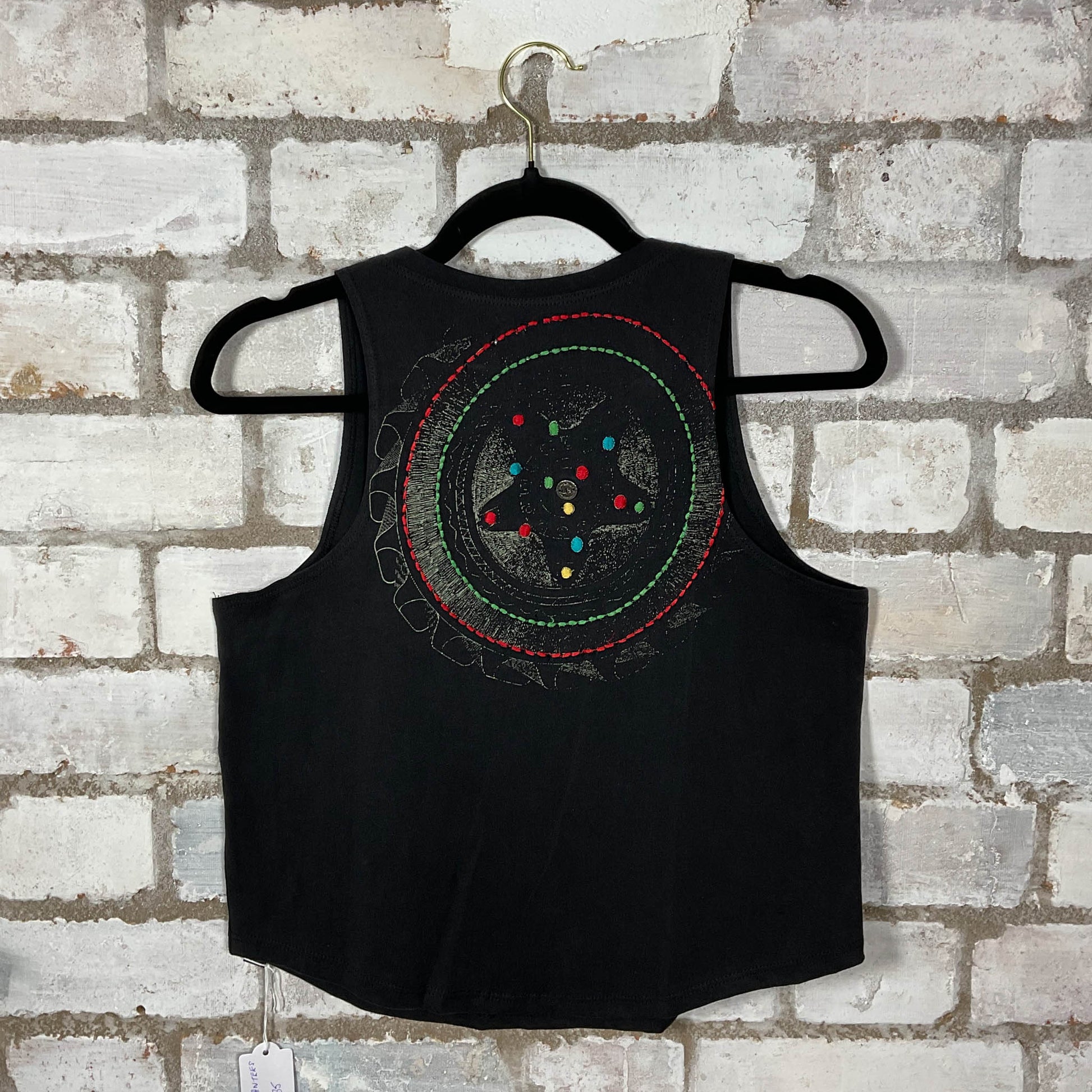 Back View of Tuk Tuk Embroidered Print Racerback Unwantee Tank Top upcycled by Unwantees, sustainable fashion made in great Britain from vintage graphic tshirt 
