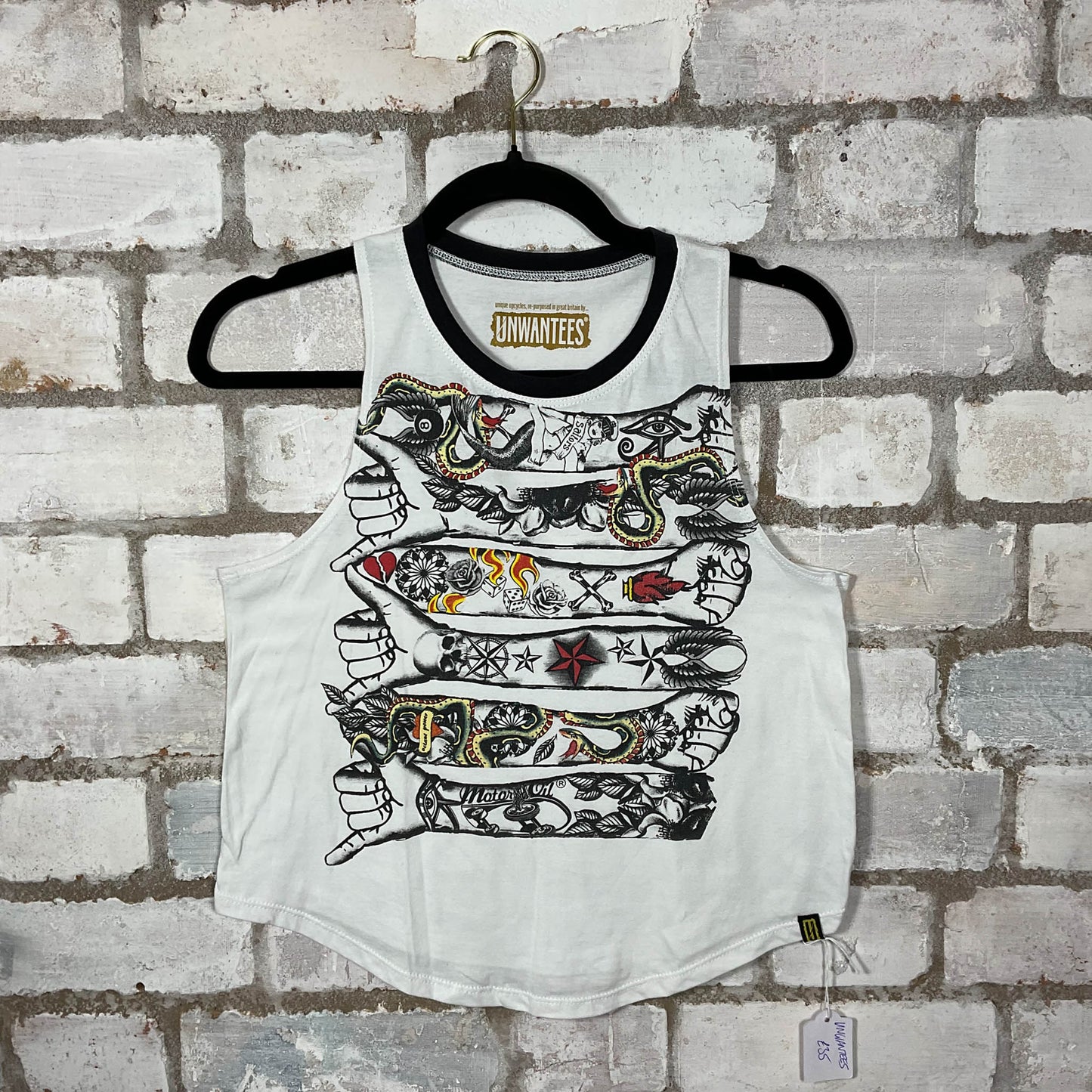 Skater print tattoo sleeves Racerback Unwantee Tank Top upcycled by Unwantees, sustainable fashion made in great Britain from vintage graphic tshirt 