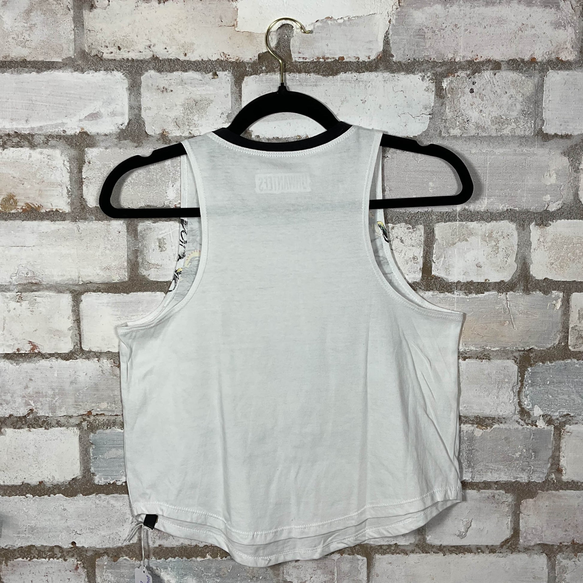 Rear View of Skater print tattoo sleeves Racerback Unwantee Tank Top upcycled by Unwantees, sustainable fashion made in great Britain from vintage graphic tshirt 